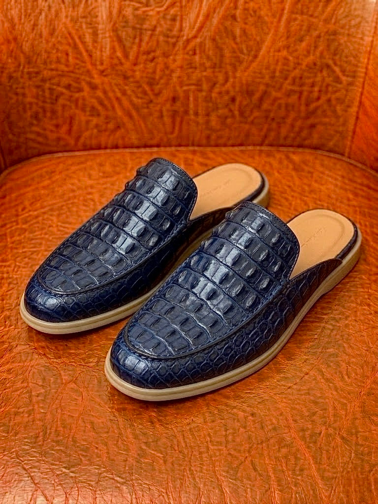 blue crocodile skin mule for men, genuine skin, handmade backless