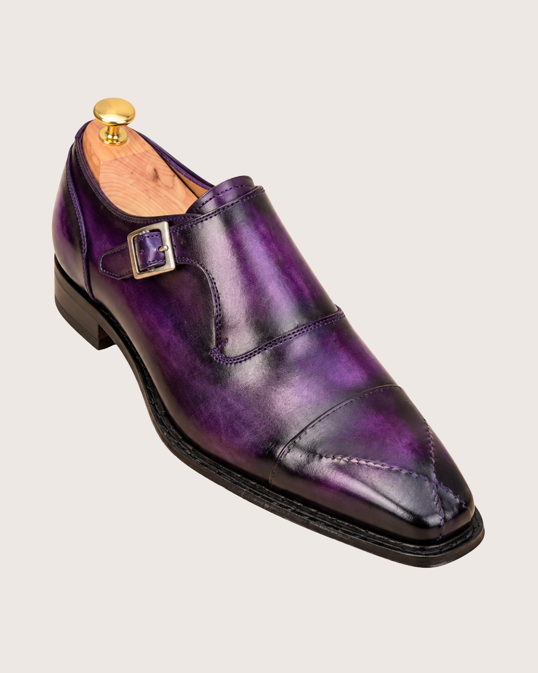 Purple patina cross stitched toe monkstrap
