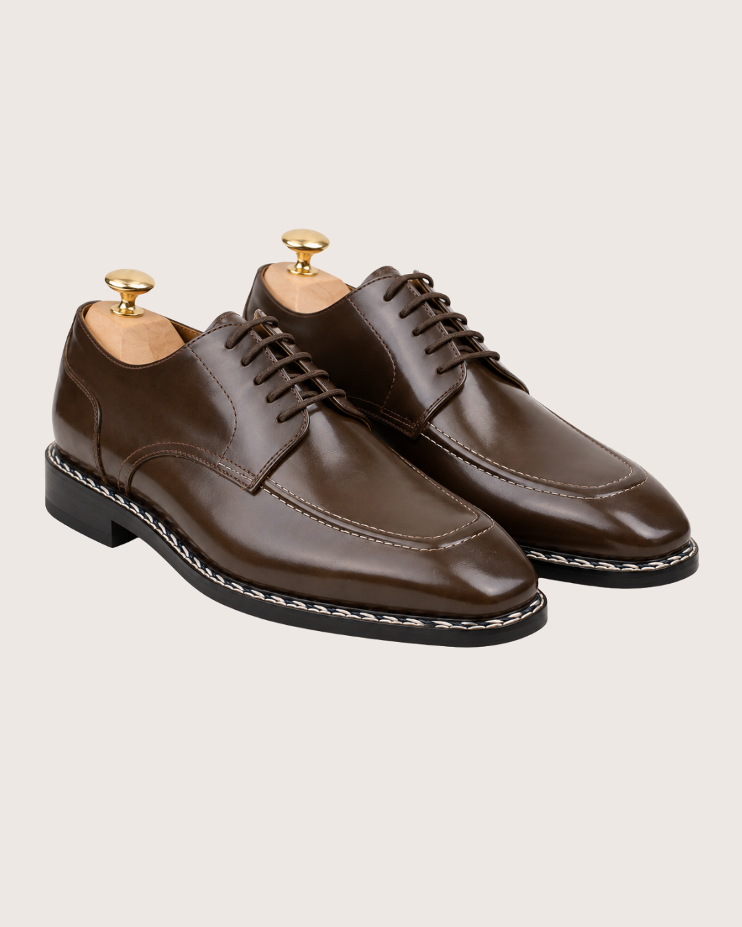 brown norwegian stitch derby shoes with split toe apron, handmade