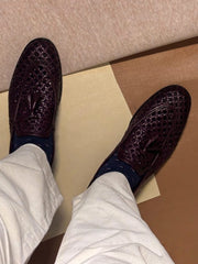 burgundy intrecciato woven tassel loafers for men, handmade