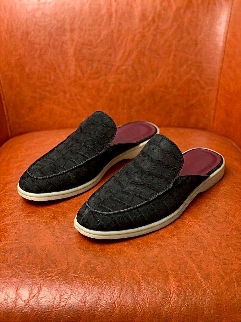 Black Nubuck Crocodile Mule