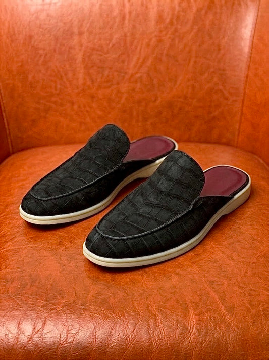 Black Nubuck Crocodile Mule