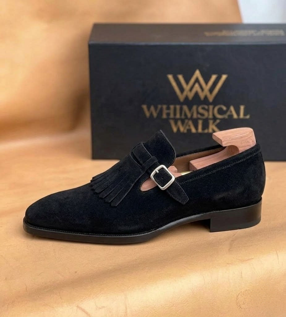 Black Suede Kiltie Monk Strap