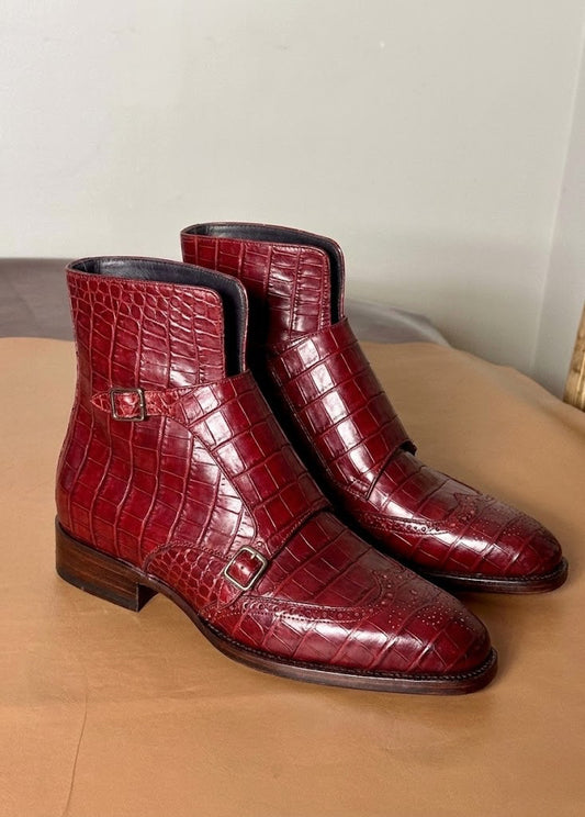 Red crocodile monks-strap boots