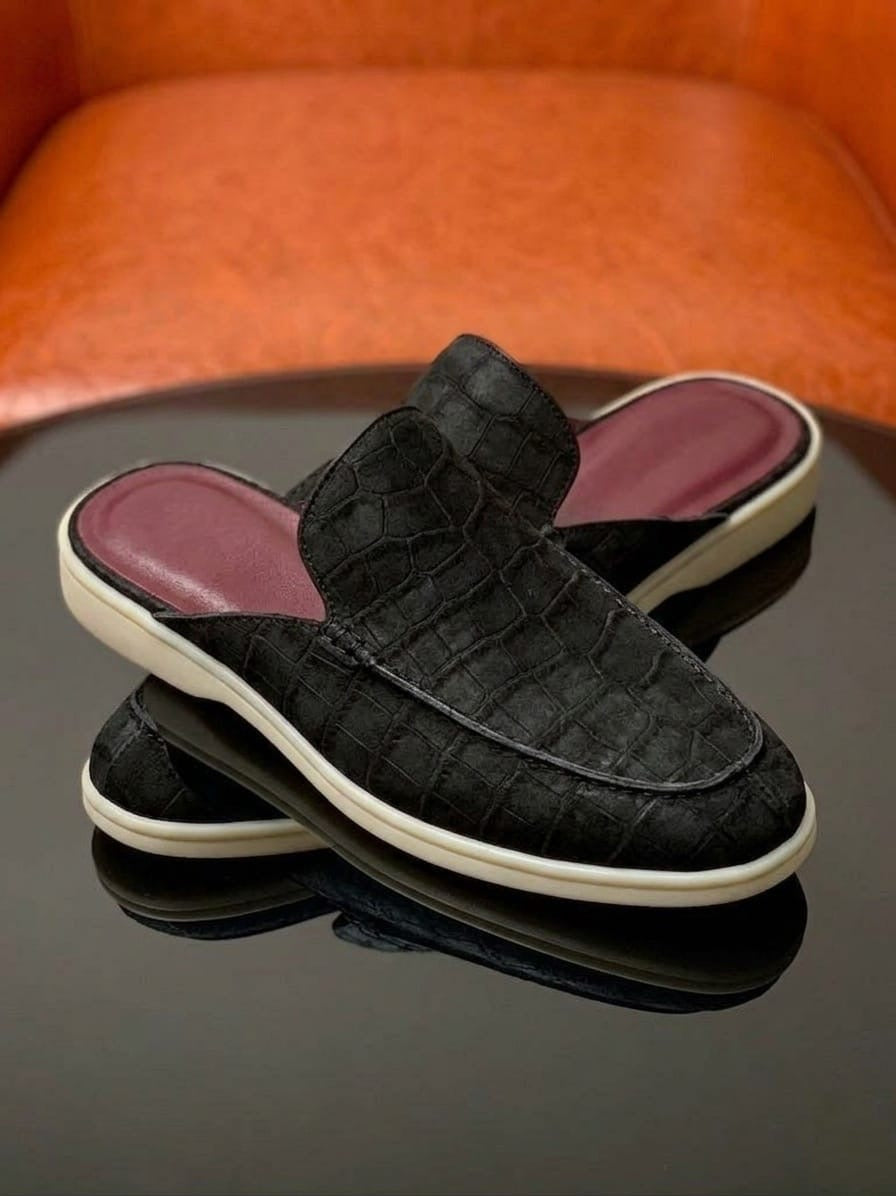 Black Nubuck Crocodile Mule