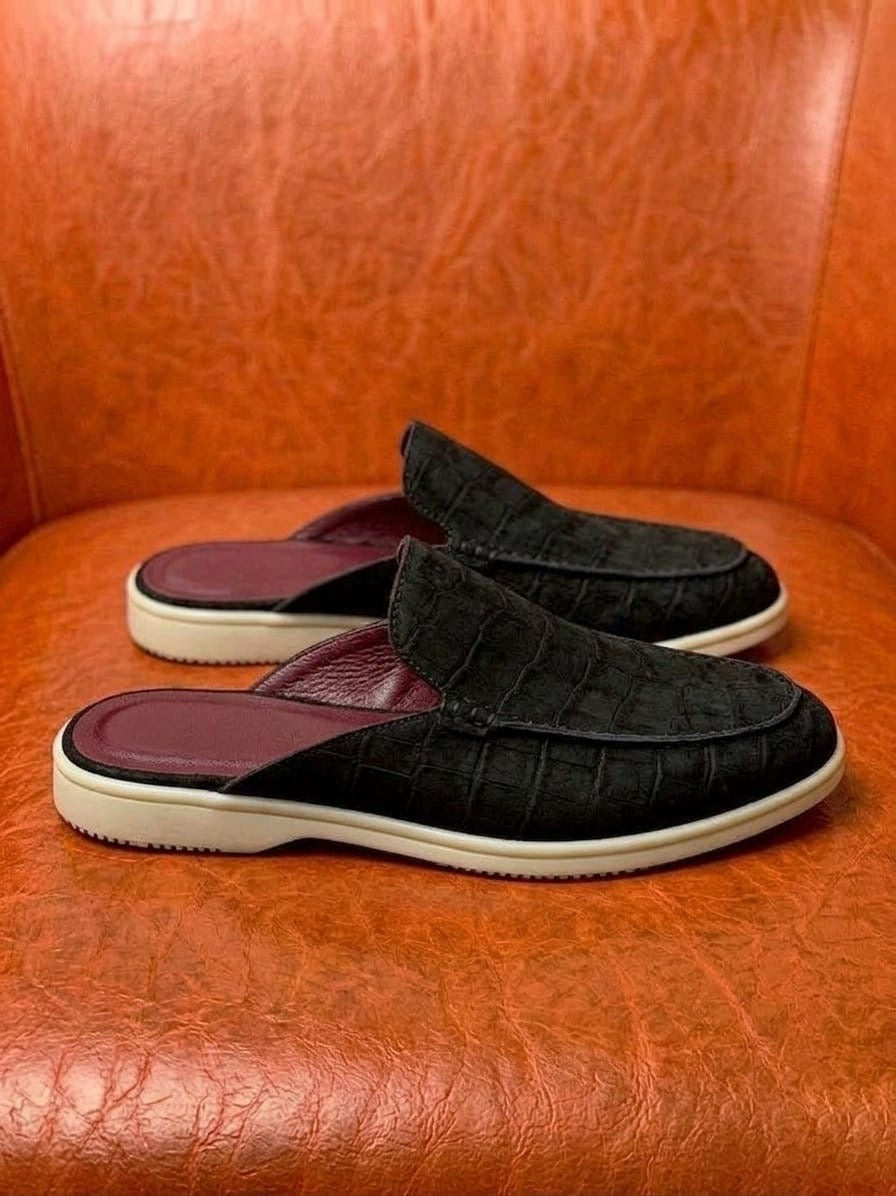 Black Nubuck Crocodile Mule
