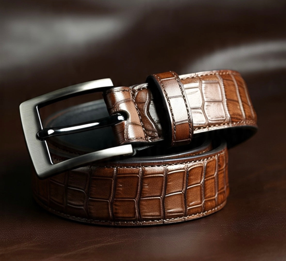Men's brown crocodile pattern embossed calf belt with prong buckle