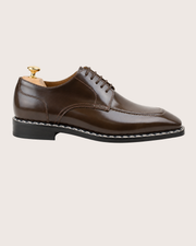 brown norwegian stitch derby shoes with split toe apron, handmade