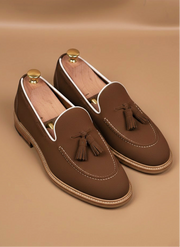 Brown suede tassel loafers