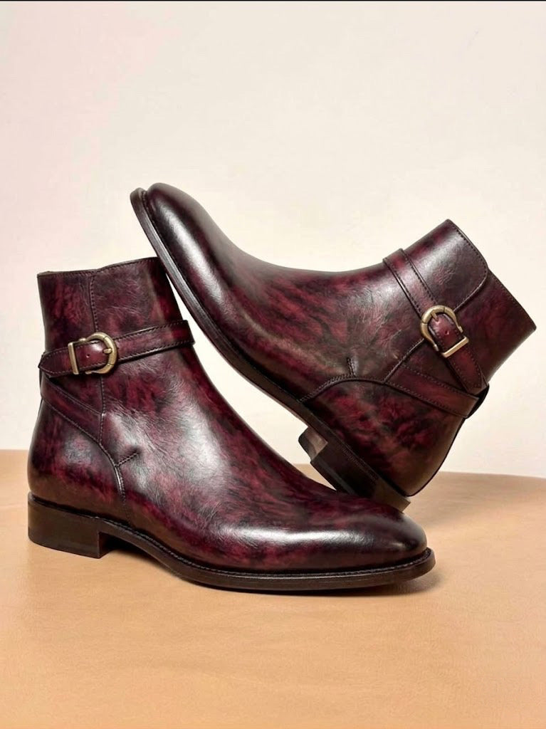Men's burgundy jodhpur boots, three-quarter view