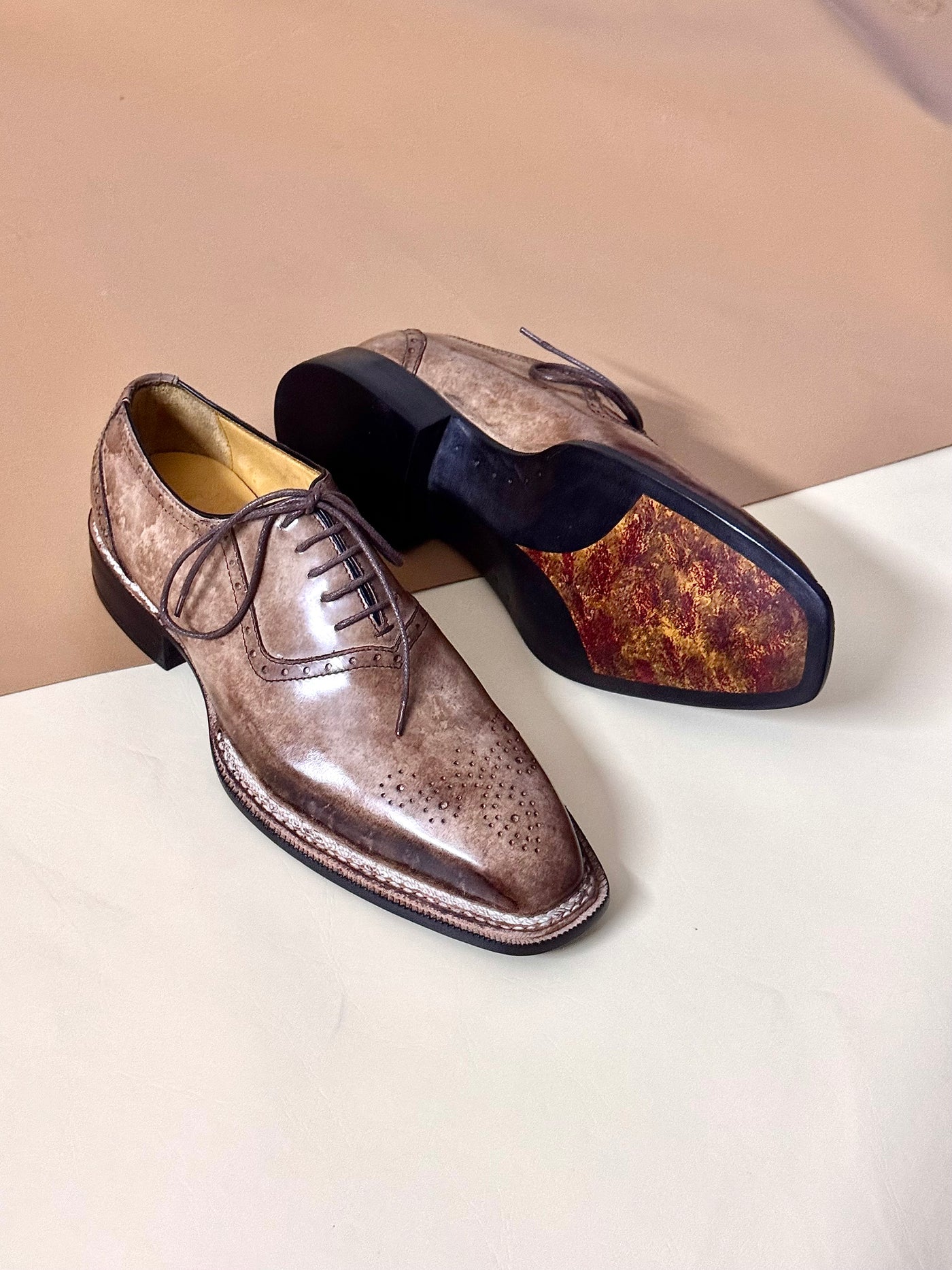 Beige Patina Norwegian Stitch Wholecut Shoes for Men