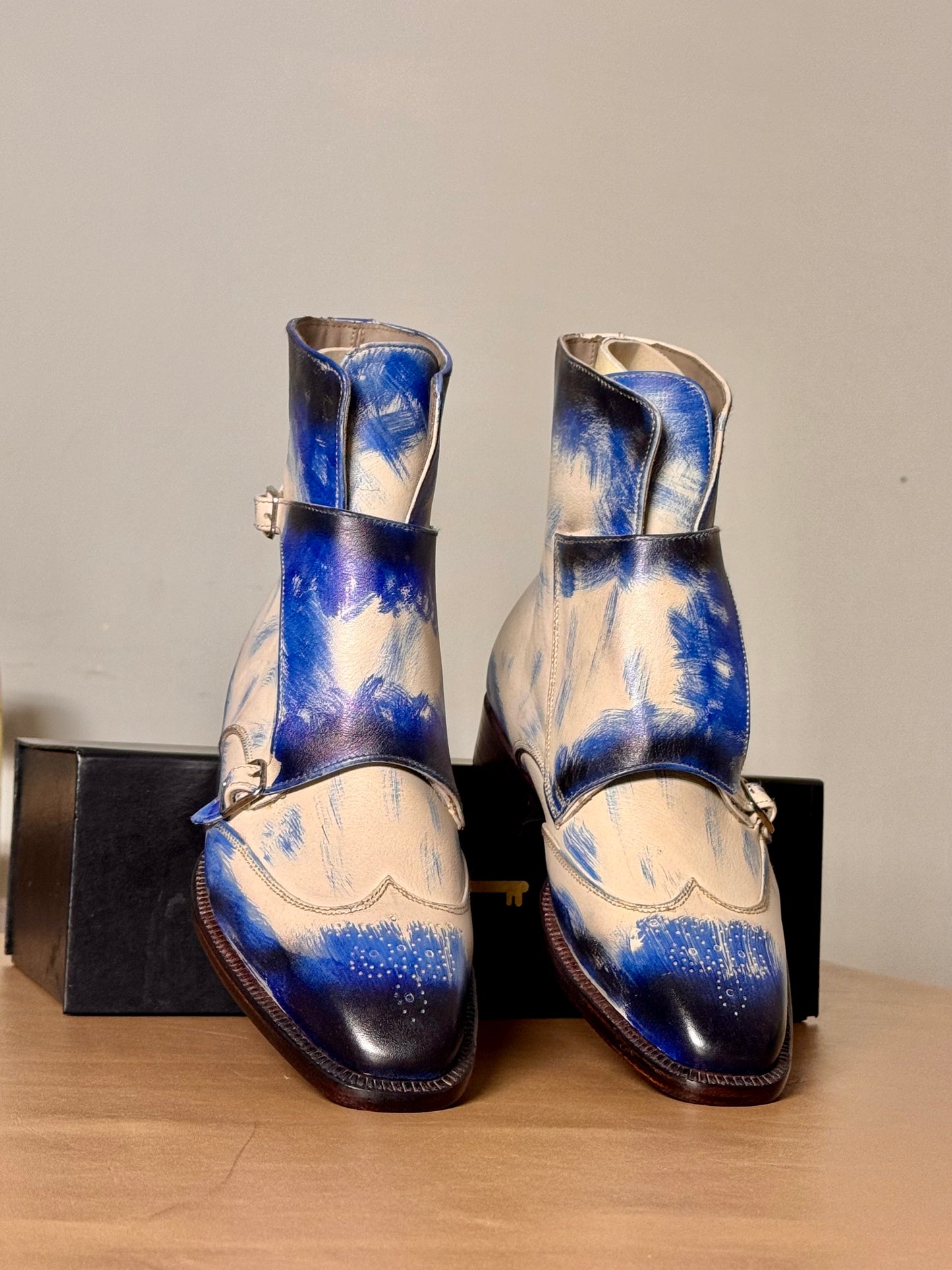 Blue patina monkstrap boots