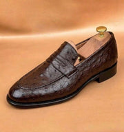 dark brown ostrich loafers for men, genuine quill leather, handmade