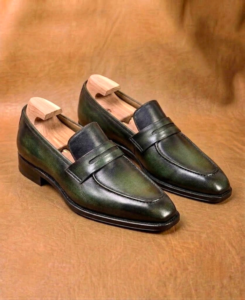 Olive Green Penny Loafers for Men