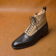 Black and beige victorian boots