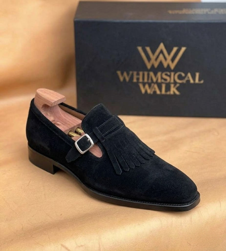 Black Suede Kiltie Monk Strap