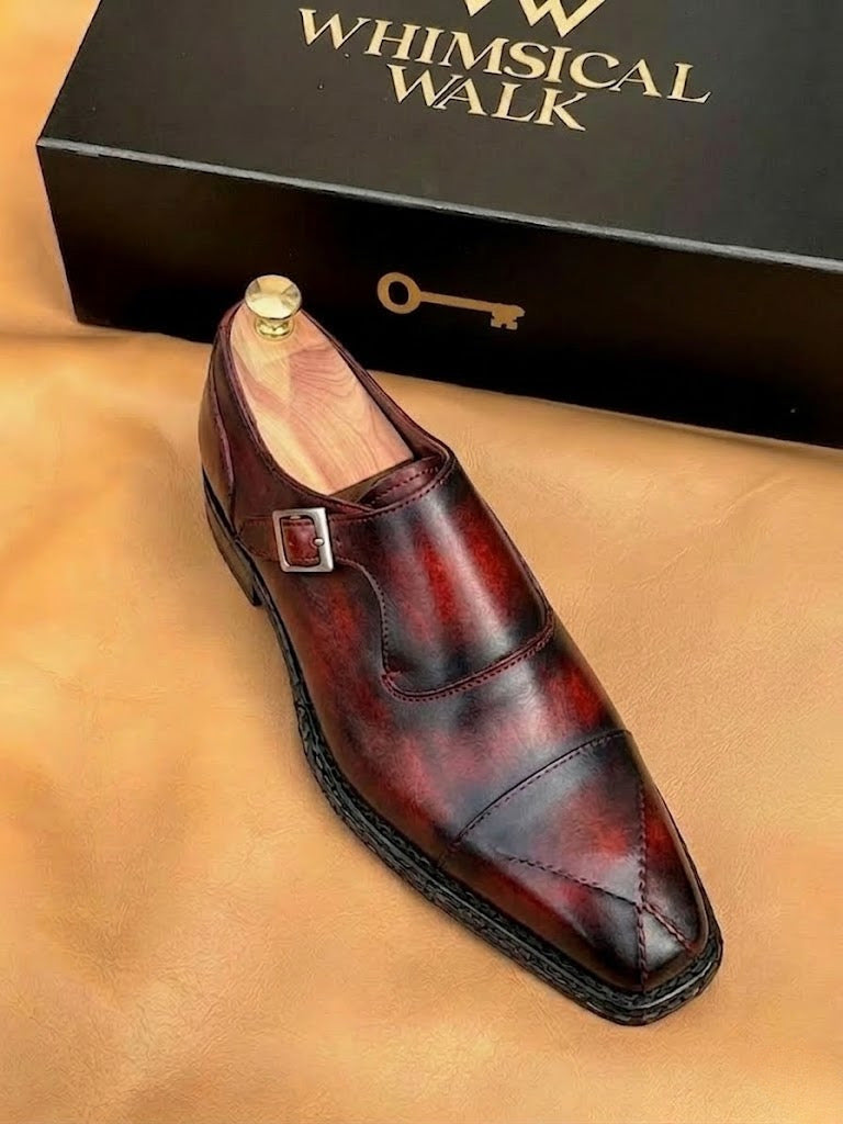 Red patina cross stitched monkstrap