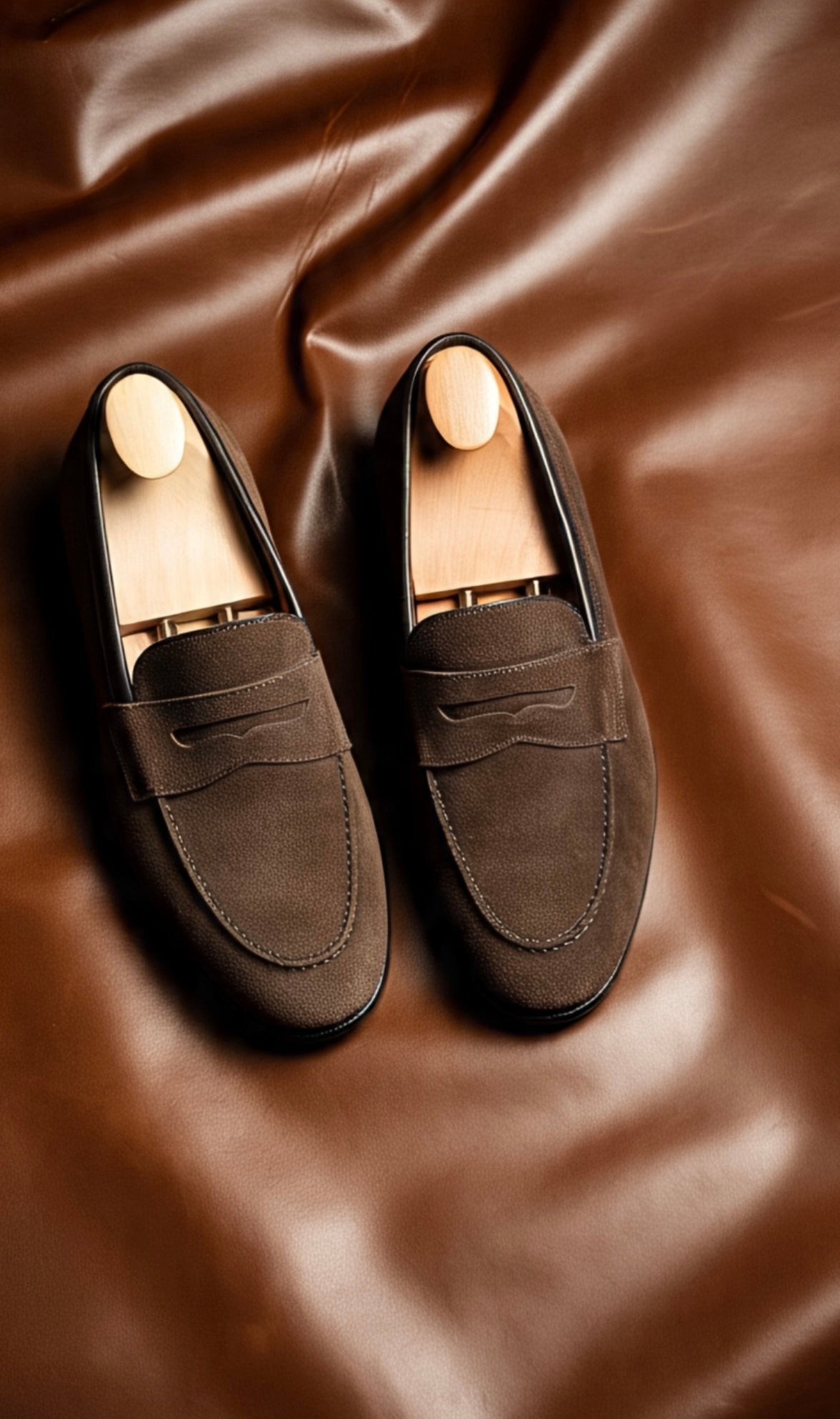 Brown suede leather penny loafers