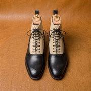 Black and beige victorian boots