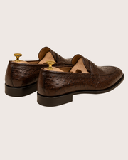 dark brown ostrich loafers for men, genuine quill leather, handmade