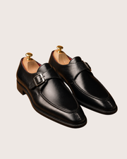 black single monk strap shoes with split toe, handmade leather