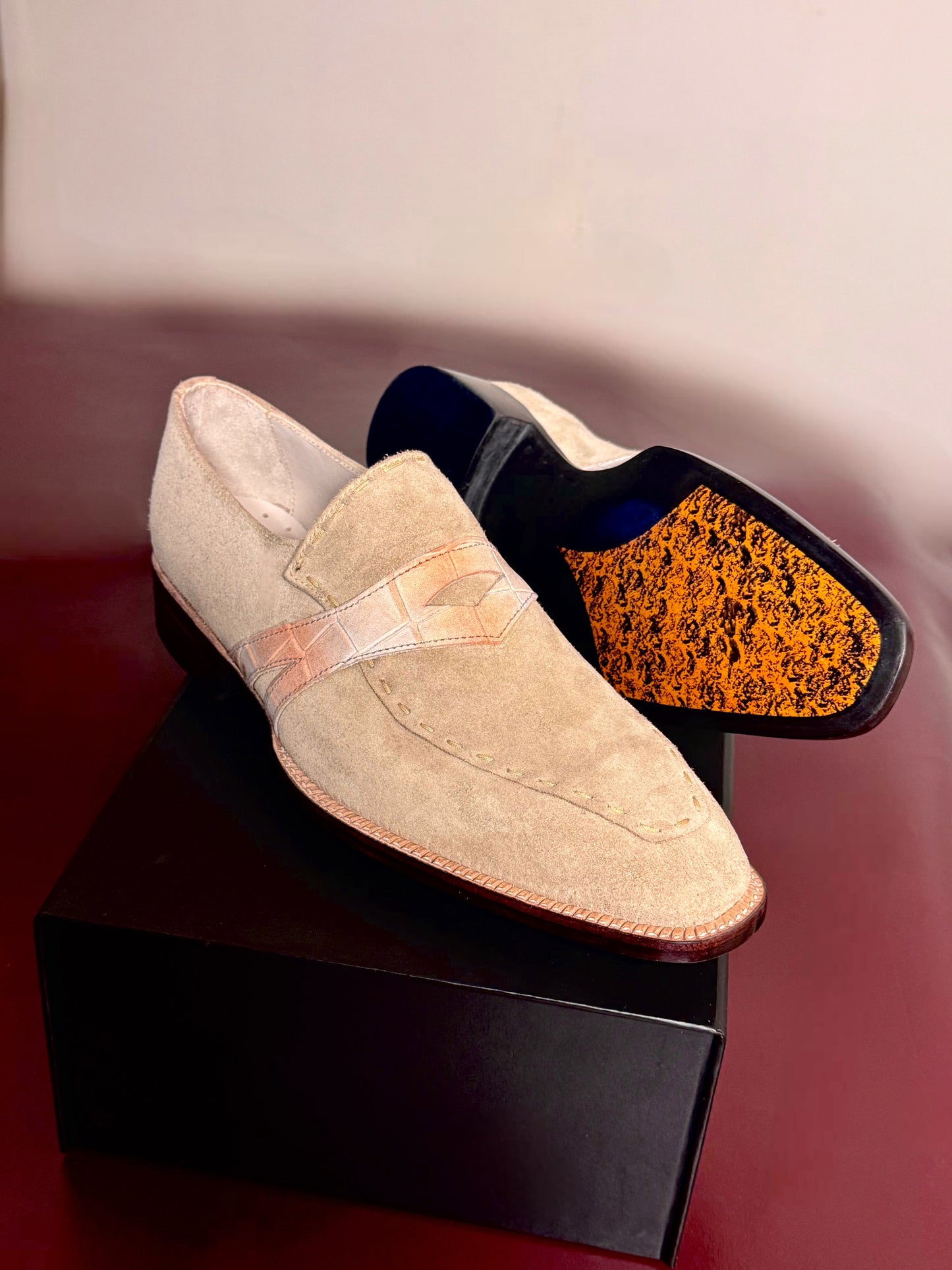 Beige suede penny loafer