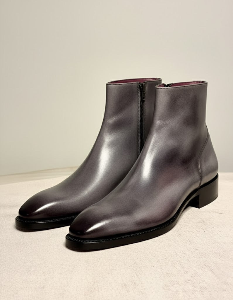Gray patina zipper boots