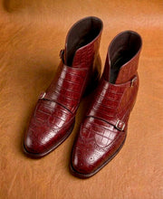 red crocodile monk strap boots for men, genuine skin, handmade
