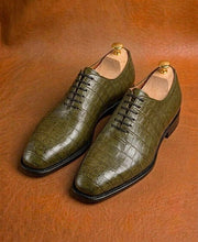olive green crocodile oxford shoes for men, genuine skin, handmade
