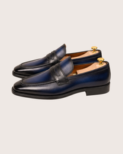Blue patina penny loafers