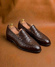 dark brown ostrich loafers for men, genuine quill leather, handmade