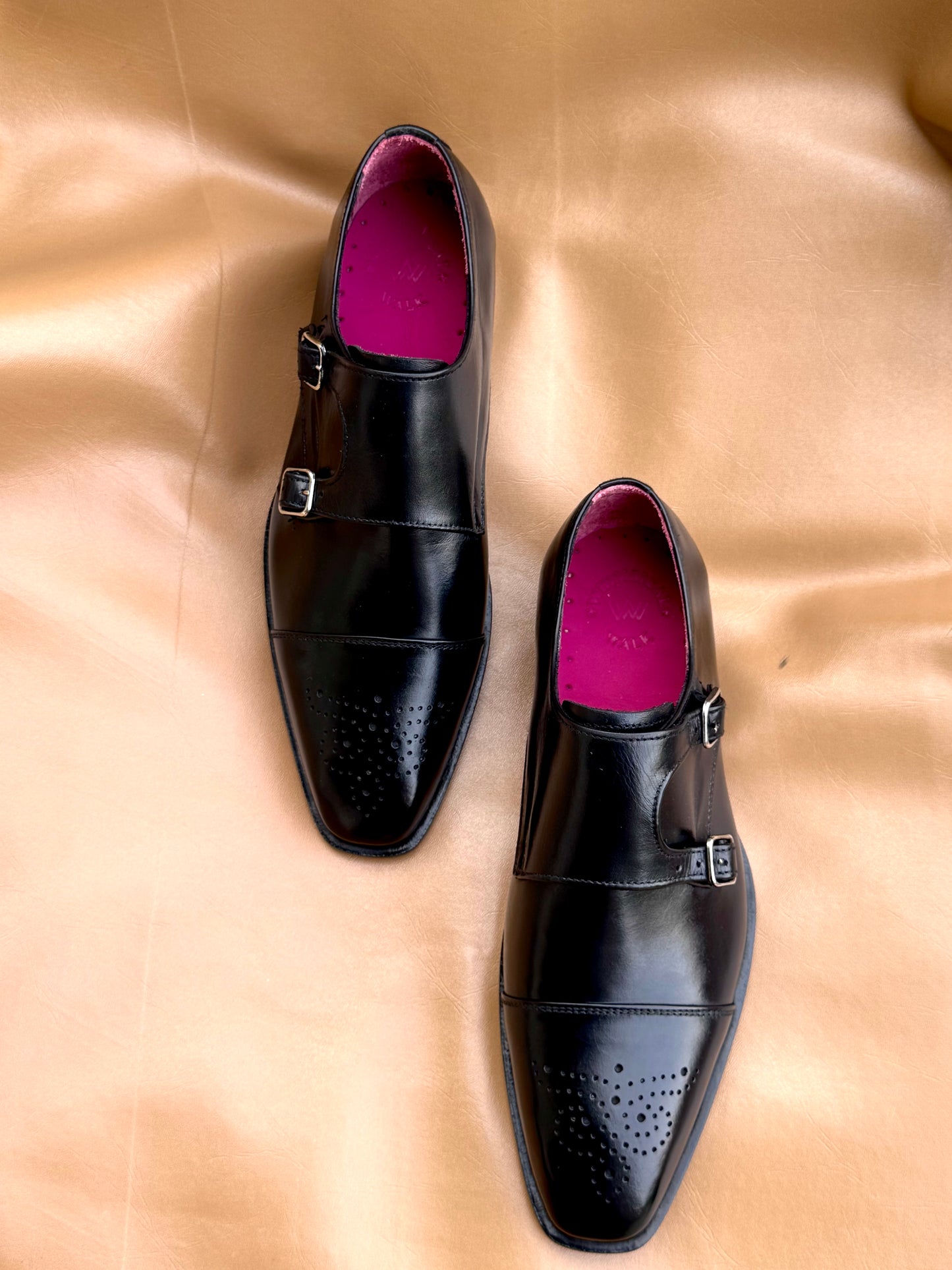 Black semi brogue double monkstrap