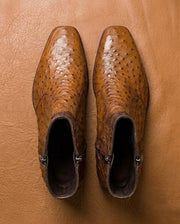 tan ostrich texture zipper boots for men, embossed calf, handmade