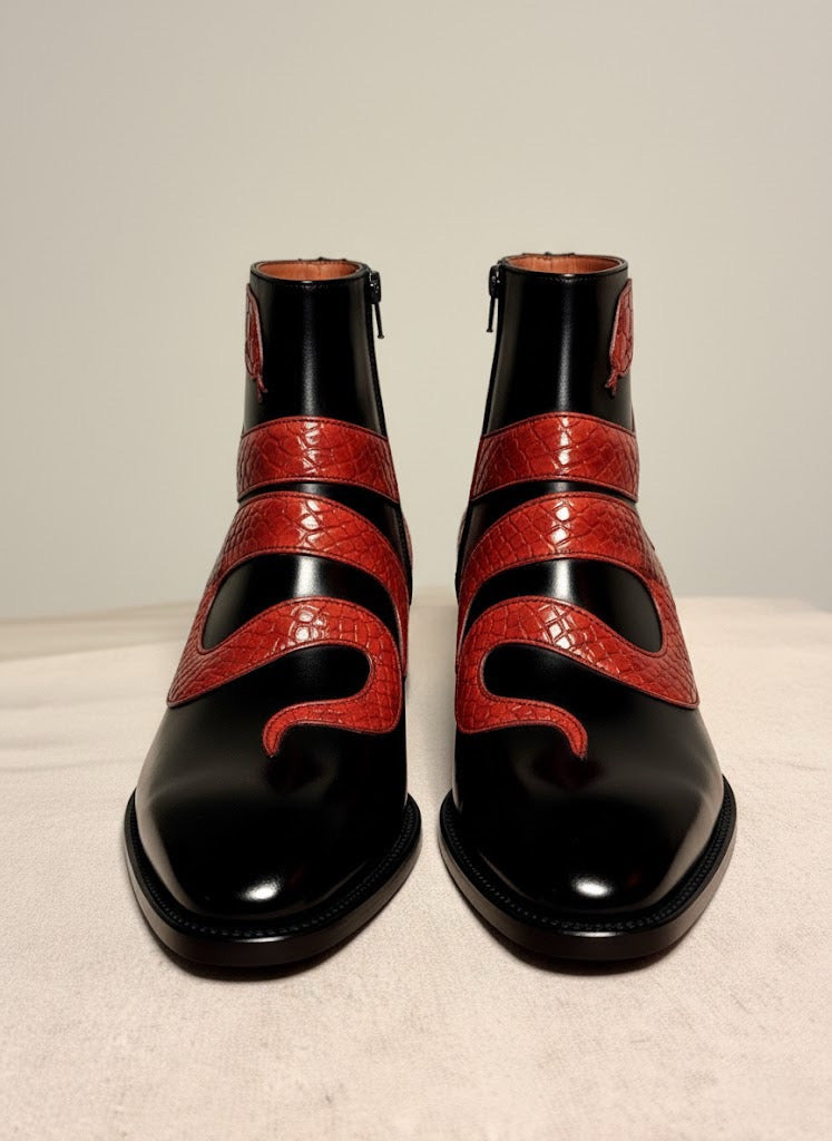 Black & red snake zipper boots