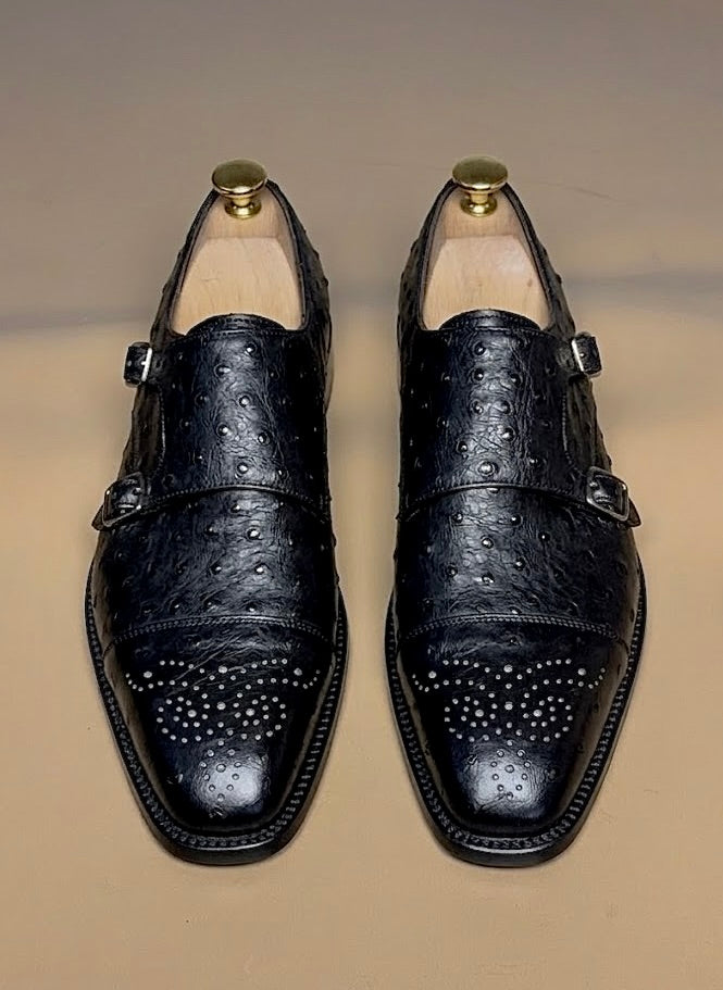 Black ostrich skin monkstrap