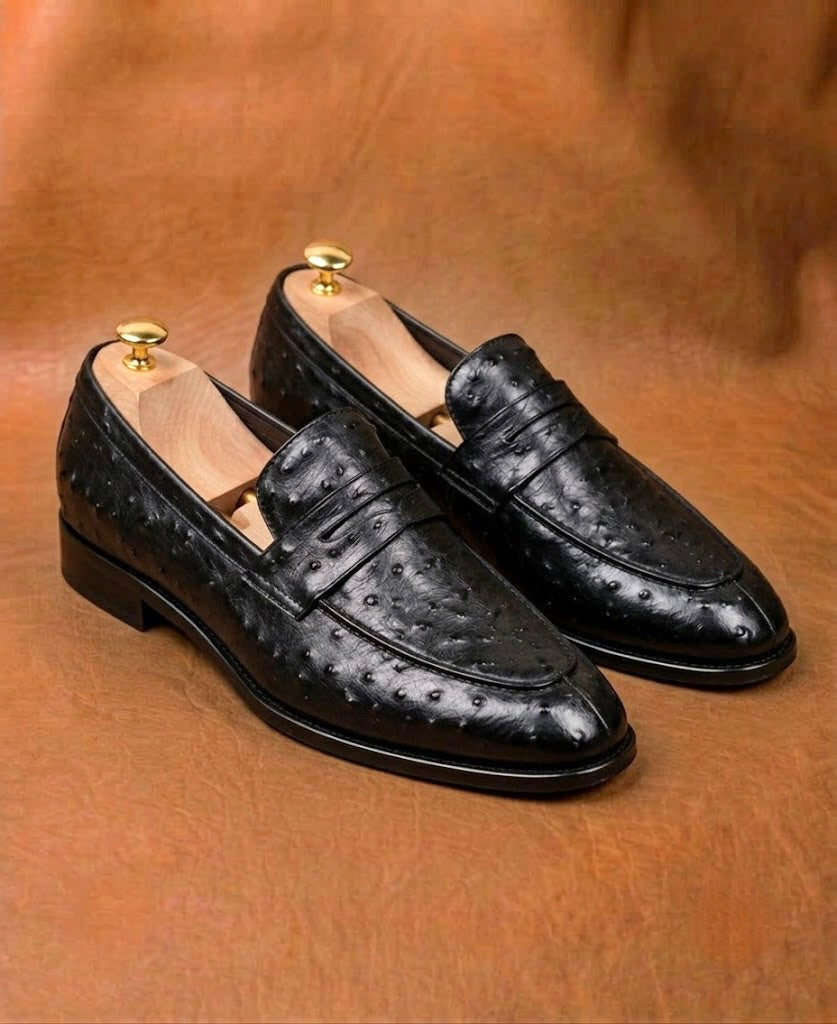 Black Ostrich Skin Penny Loafers for Men