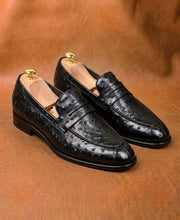Black Ostrich Skin Penny Loafers for Men