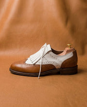 two tone spectator kiltie brogues in tan and white, handmade