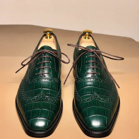 Green crocodile wingtip oxford