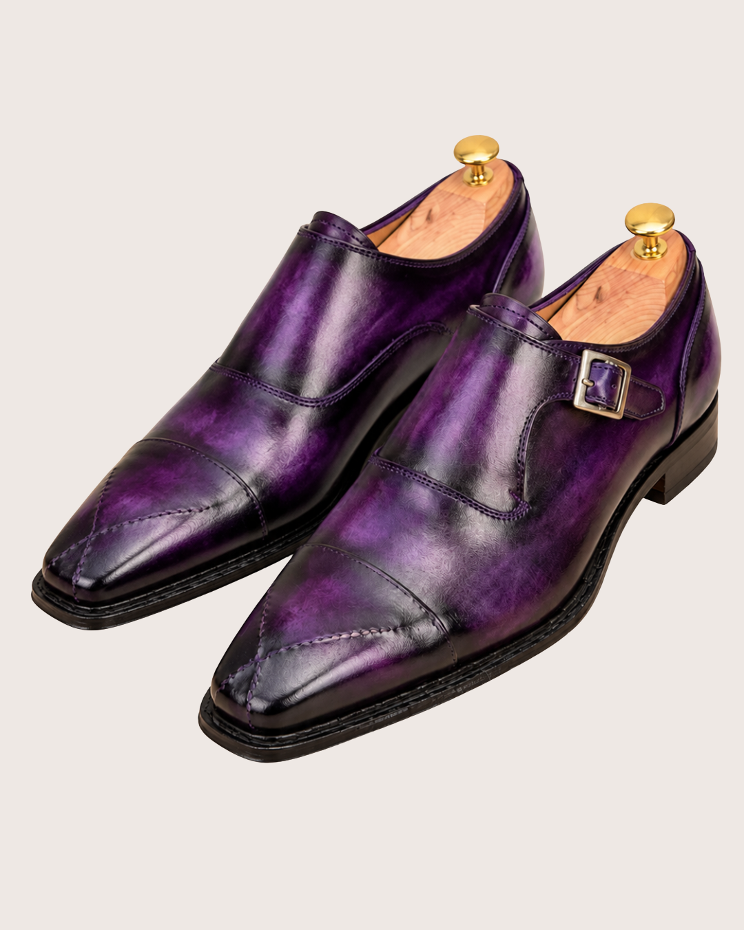 Purple patina cross stitched toe monkstrap