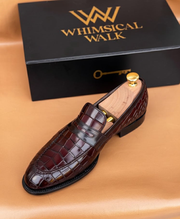 Burgundy crocodile penny loafer
