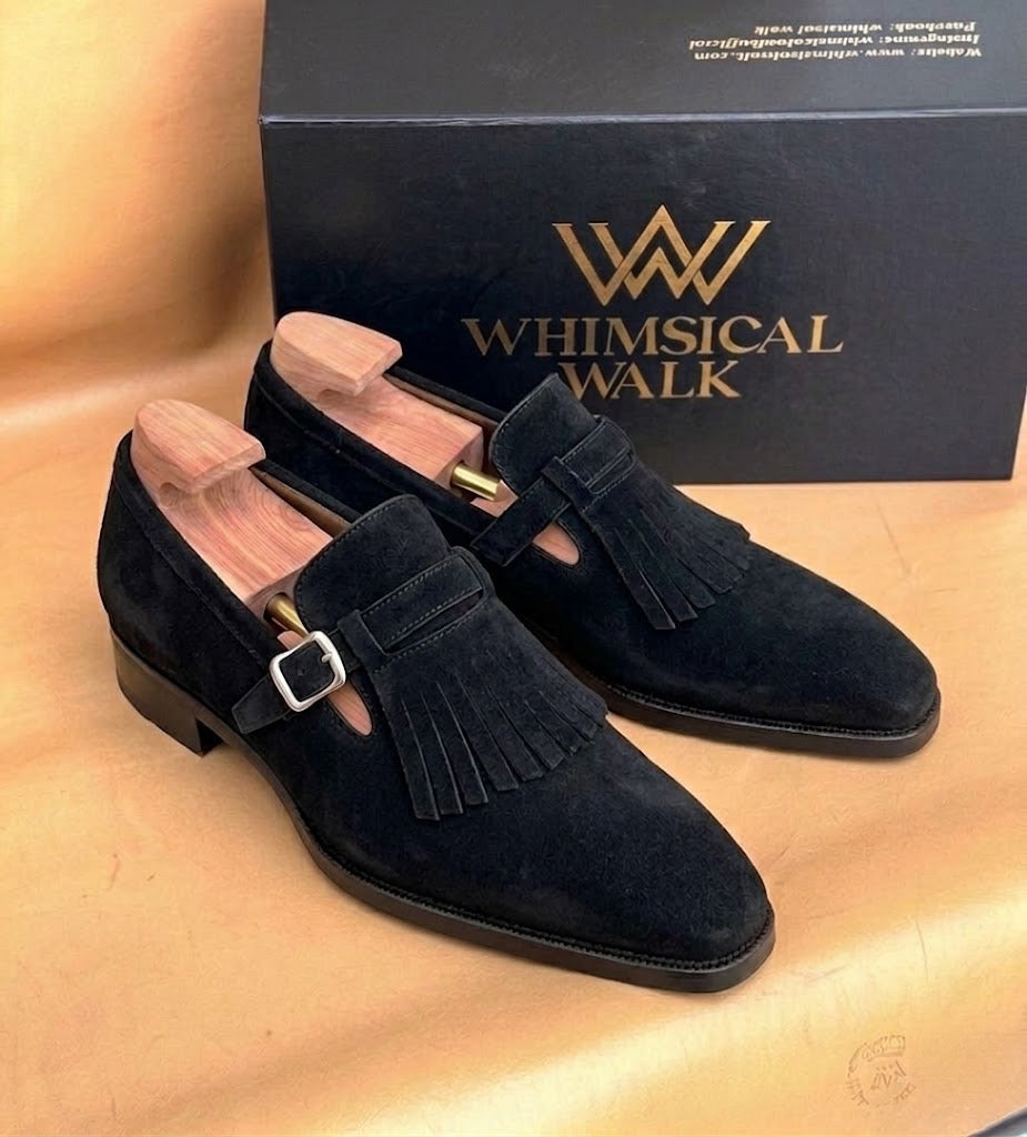 Black Suede Kiltie Monk Strap Shoes for Men