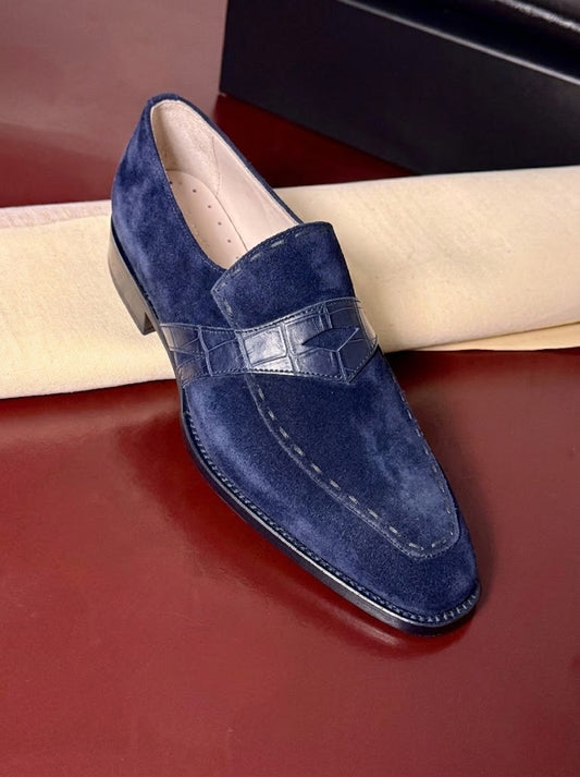 Blue suede penny loafers