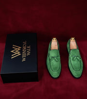 Green suede tassel loafers