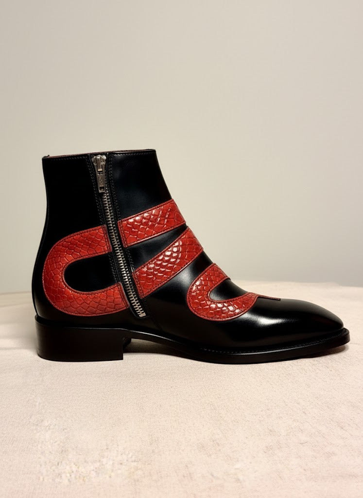 Black & red snake zipper boots