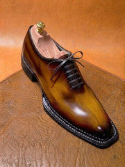 Tan burnished toe triple welt oxford
