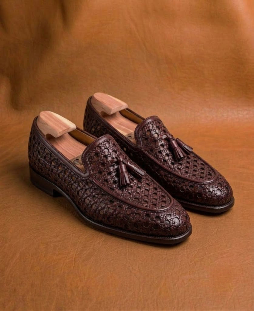 burgundy intrecciato woven tassel loafers for men, handmade