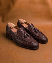 burgundy intrecciato woven tassel loafers for men, handmade