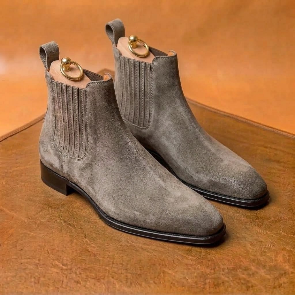 Gray suede Chelsea boots