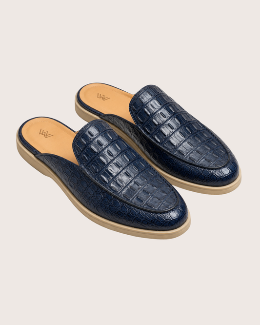 Blue crocodile skin mule